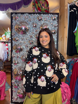 QOS Black & White Polka Dot Scattered Santa Sweater - Boutique Bella BellaQueen of Sparkles