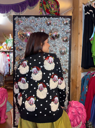 QOS Black & White Polka Dot Scattered Santa Sweater - Boutique Bella BellaQueen of Sparkles
