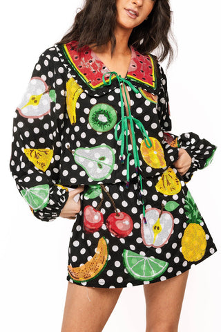 QOS Black & White Polka Dot Tie Up Fruit Cotton Top - Boutique Bella BellaQueen of Sparkles