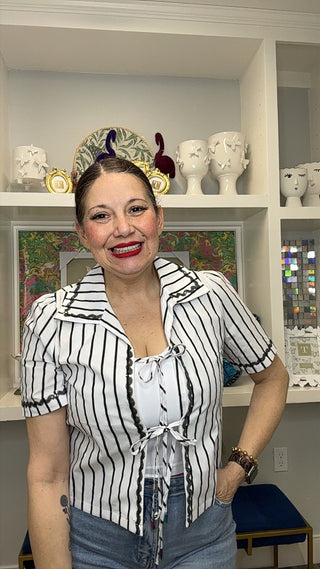 QOS Black & White Striped Cotton Tie Up Collar Top - Boutique Bella BellaQueen of Sparkles