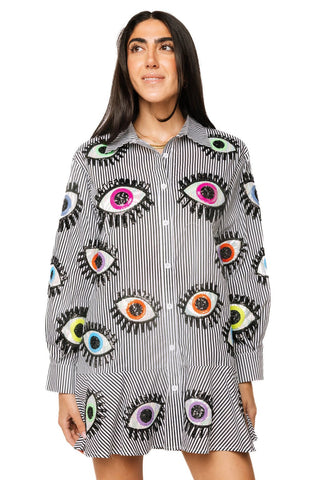QOS Black & White Striped Multi Eye Button Up Ruffle Dress - Boutique Bella BellaDress