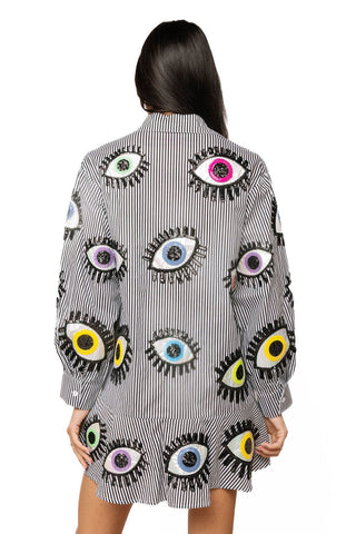 QOS Black & White Striped Multi Eye Button Up Ruffle Dress XS