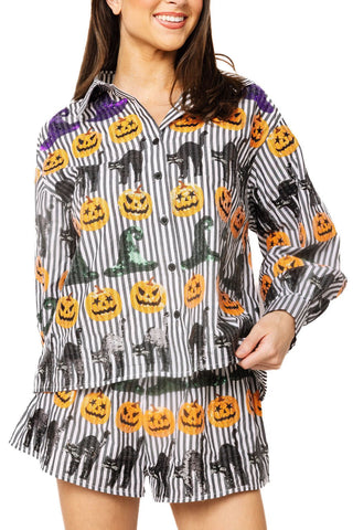 QOS Black & White Striped Witch Hat, Pumpkin & Cat Icon Cotton Button Up Top - Boutique Bella BellaQueen of Sparkles