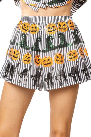 QOS Black & White Striped Witch Hat, Pumpkin & Cat Icon Cotton Short - Boutique Bella BellaQueen of Sparkles