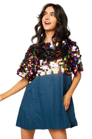 QOS Blue Multi Pailette Cotton Short Sleeve Dress - Boutique Bella BellaQueen of Sparkles