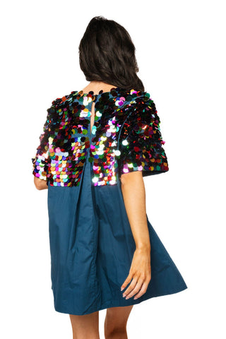 QOS Blue Multi Pailette Cotton Short Sleeve Dress - Boutique Bella BellaQueen of Sparkles