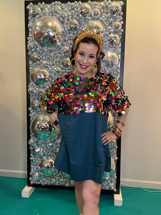 QOS Blue Multi Pailette Cotton Short Sleeve Dress - Boutique Bella BellaQueen of Sparkles