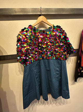 QOS Blue Multi Pailette Cotton Short Sleeve Dress - Boutique Bella BellaQueen of Sparkles