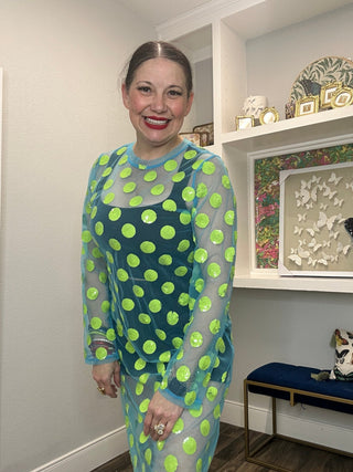 QOS Blue & Neon Green Polka Dot Sheer Coverup Midi Dress - Boutique Bella BellaCoverup
