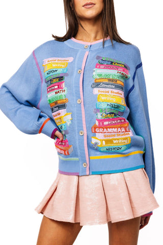 QOS Blue Rainbow Trim School Books Cardigan - Boutique Bella BellaQueen of Sparkles