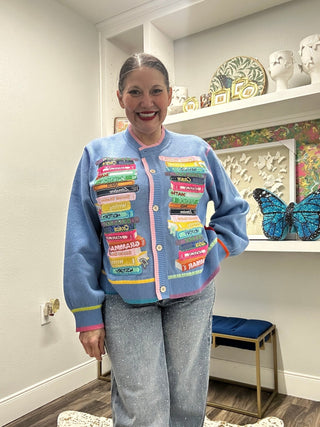 QOS Blue Rainbow Trim School Books Cardigan - Boutique Bella BellaQueen of Sparkles