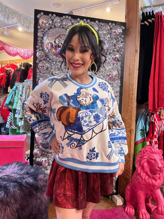 QOS Blue & White Floral Vintage Santa Sweatshirt - Boutique Bella BellaQueen of Sparkles