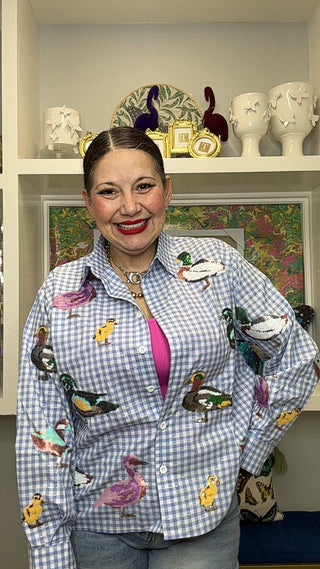 QOS Blue & White Gingham Scattered Duck Button Up Collar Top - Boutique Bella BellaQueen of Sparkles