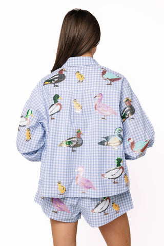 QOS Blue & White Gingham Scattered Duck Button Up Collar Top - Boutique Bella BellaQueen of Sparkles