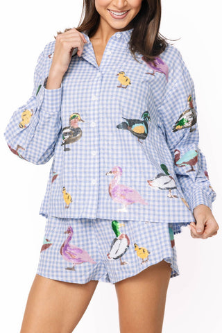 QOS Blue & White Gingham Scattered Duck Short - Boutique Bella BellaQueen of Sparkles