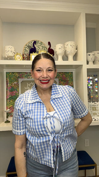 QOS Blue & White Gingham Tie Up Collar Top - Boutique Bella BellaQueen of Sparkles