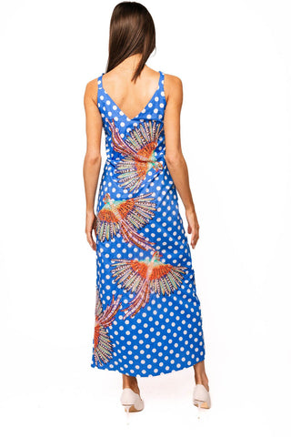 QOS Blue & White Polka Dot Bird Cotton Midi Dress - Boutique Bella BellaDress