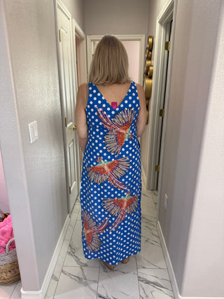 QOS Blue & White Polka Dot Bird Cotton Midi Dress - Boutique Bella BellaDress