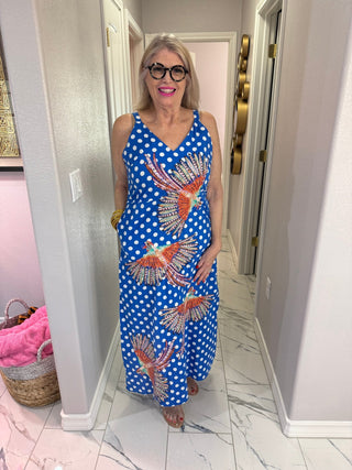 QOS Blue & White Polka Dot Bird Cotton Midi Dress - Boutique Bella BellaDress