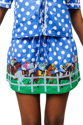 QOS Blue & White Polka Dot Jockeys on Horses Cotton Skirt - Boutique Bella BellaQueen of Sparkles