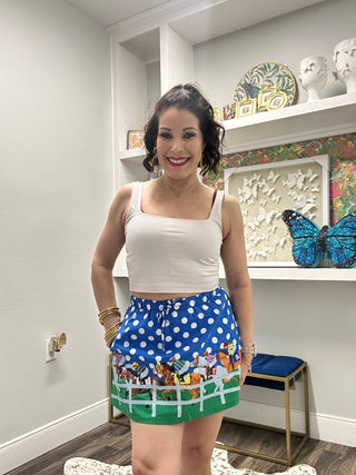 QOS Blue & White Polka Dot Jockeys on Horses Cotton Skirt - Boutique Bella BellaQueen of Sparkles