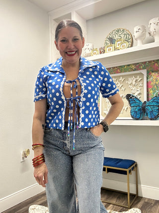 QOS Blue & White Rickrack Polka Dot Tie Up Cotton Top - Boutique Bella BellaQueen of Sparkles