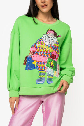 QOS Bright Green Colorful Shopping Santa Sweatshirt - Boutique Bella BellaQueen of Sparkles
