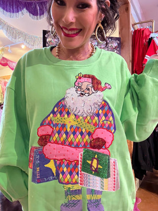 QOS Bright Green Colorful Shopping Santa Sweatshirt - Boutique Bella BellaQueen of Sparkles