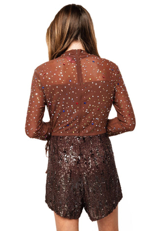 QOS - Brown Feather Sleeve Multi Rhinestone Sequin Short Romper - Boutique Bella BellaQueen of Sparkles