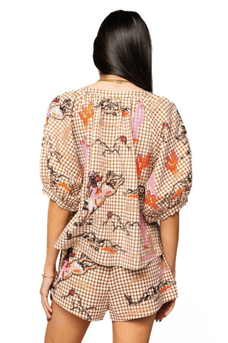 QOS Brown Gingham Bucking Cowgirl Short - Boutique Bella BellaQueen of Sparkles