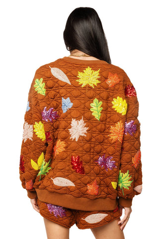 QOS Brown Multi Leaf Quilted QOS Card Sweatshirt - Boutique Bella BellaQueen of Sparkles