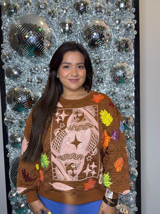 QOS Brown Multi Leaf Quilted QOS Card Sweatshirt - Boutique Bella BellaQueen of Sparkles