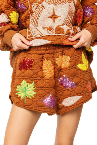 QOS Brown Multi Leaf Quilted Short - Boutique Bella BellaQueen of Sparkles