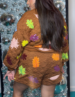 QOS Brown Multi Leaf Quilted Short - Boutique Bella BellaQueen of Sparkles