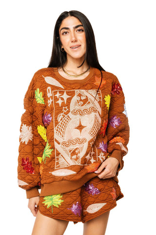QOS Brown Multi Leaf Quilted Short - Boutique Bella BellaQueen of Sparkles