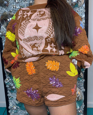 QOS Brown Multi Leaf Quilted Short - Boutique Bella BellaQueen of Sparkles