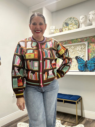 QOS Brown Multi Library Brooks Cardigan - Boutique Bella BellaQueen of Sparkles