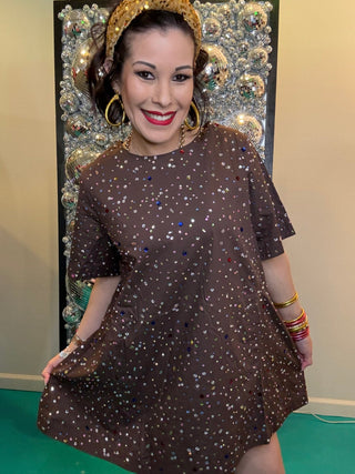 QOS Brown Multi Rhinestone Cotton Short Sleeve Dress - Boutique Bella BellaQueen of Sparkles