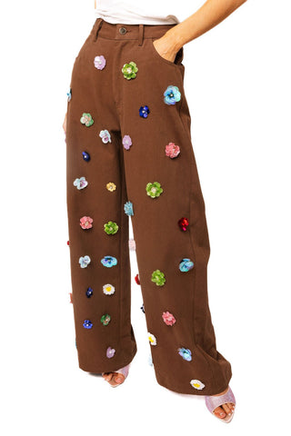 QOS Brown Multi Sequin Flower Barrel Jeans - Boutique Bella BellaQueen of Sparkles