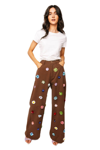 QOS Brown Multi Sequin Flower Barrel Jeans - Boutique Bella BellaQueen of Sparkles