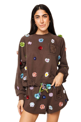 QOS Brown Multi Sequin Flower QOS Card Logo Tie Sweatshirt - Boutique Bella BellaQueen of Sparkles