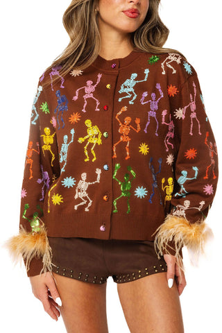 QOS Brown Multi Skeleton Feather Sleeve Button Up Cardigan - Boutique Bella BellaQueen of Sparkles