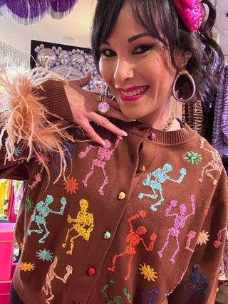 QOS Brown Multi Skeleton Feather Sleeve Button Up Cardigan - Boutique Bella BellaQueen of Sparkles