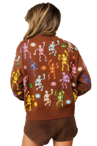 QOS Brown Multi Skeleton Feather Sleeve Button Up Cardigan - Boutique Bella BellaQueen of Sparkles