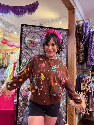 QOS Brown Multi Skeleton Feather Sleeve Button Up Cardigan - Boutique Bella BellaQueen of Sparkles