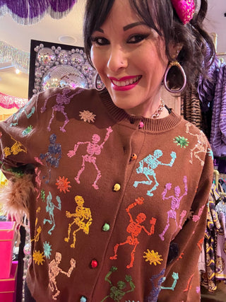 QOS Brown Multi Skeleton Feather Sleeve Button Up Cardigan - Boutique Bella BellaQueen of Sparkles