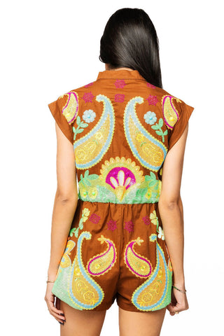 QOS Brown & Neon Paisley ZIp Up Romper - Boutique Bella BellaRomper