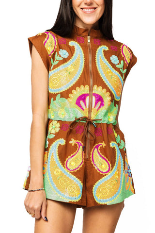 QOS Brown & Neon Paisley ZIp Up Romper - Boutique Bella BellaRomper