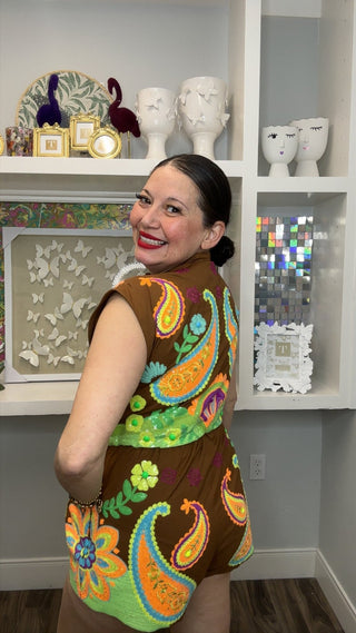 QOS Brown & Neon Paisley ZIp Up Romper - Boutique Bella BellaRomper