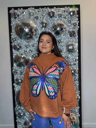 QOS Brown Patchwork Butterfly Mock Neck Sweatshirt - Boutique Bella BellaQueen of Sparkles